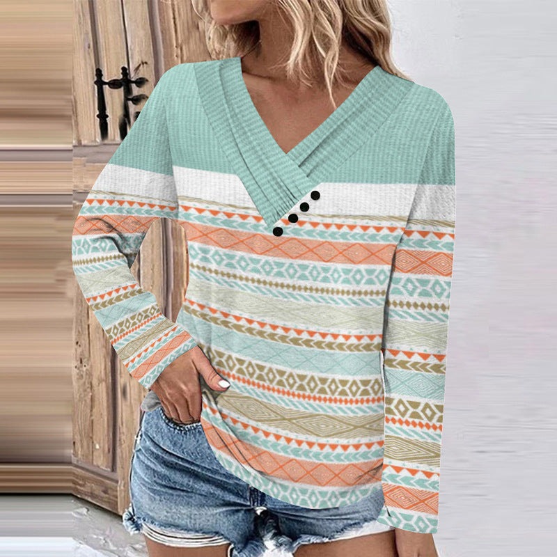 Women's Ribbed V-Neck Sweater with Gradient, Decorative Buttons and Relaxed Fit Mune Fashion