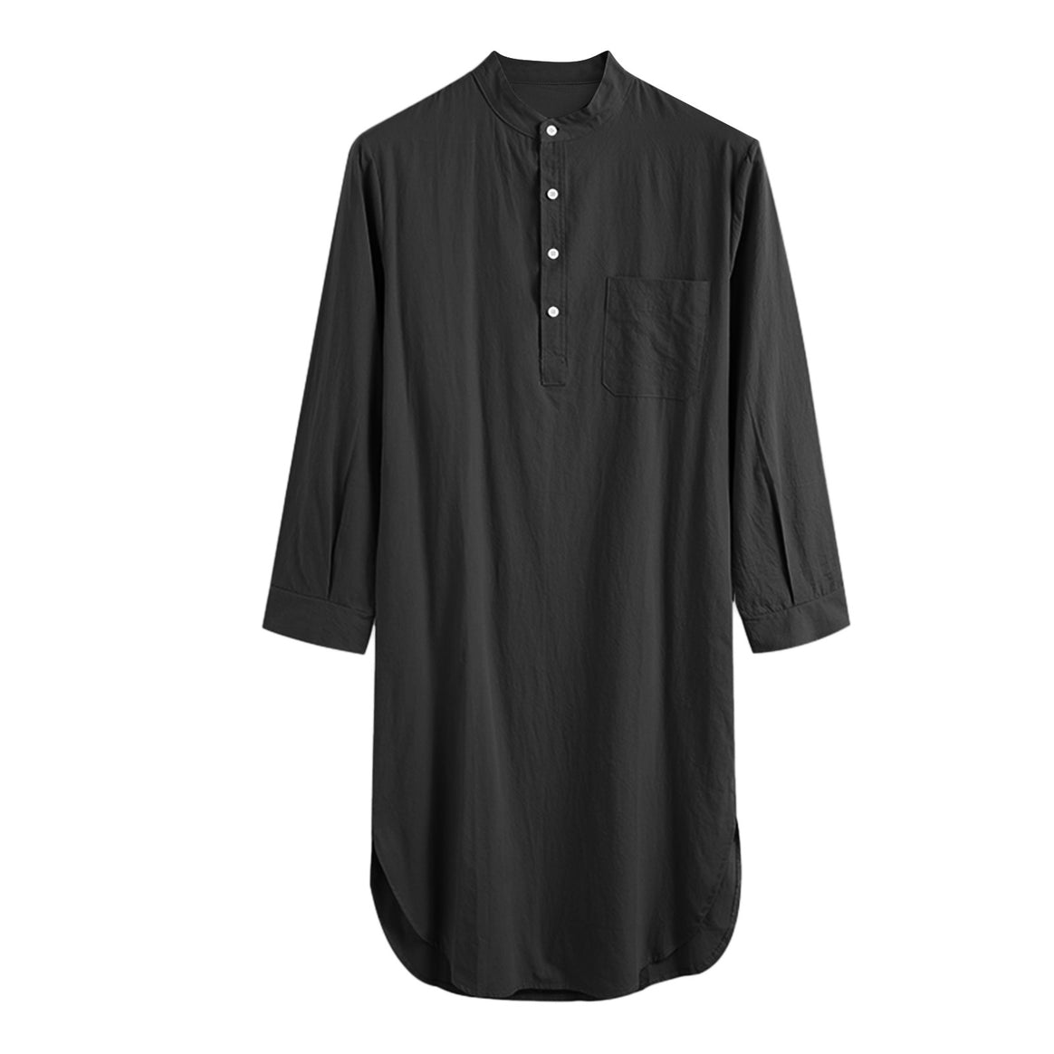 Men's long loose shirt with stand-up collar, chest pocket, and curved hem Mune Fashion