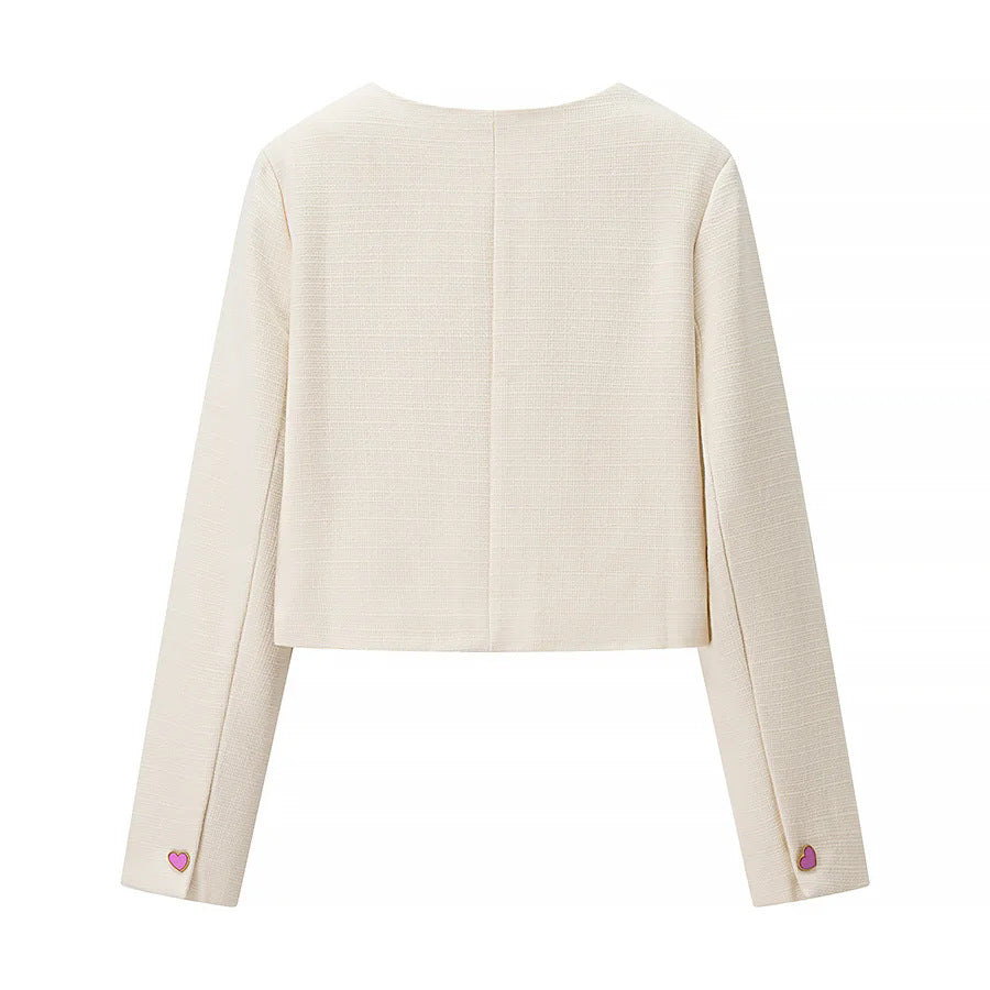 Women nan cropped Bouclé jacket with wavy button placket and heart appliqués Mune Fashion