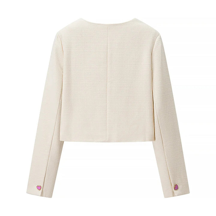 Women nan cropped Bouclé jacket with wavy button placket and heart appliqués Mune Fashion