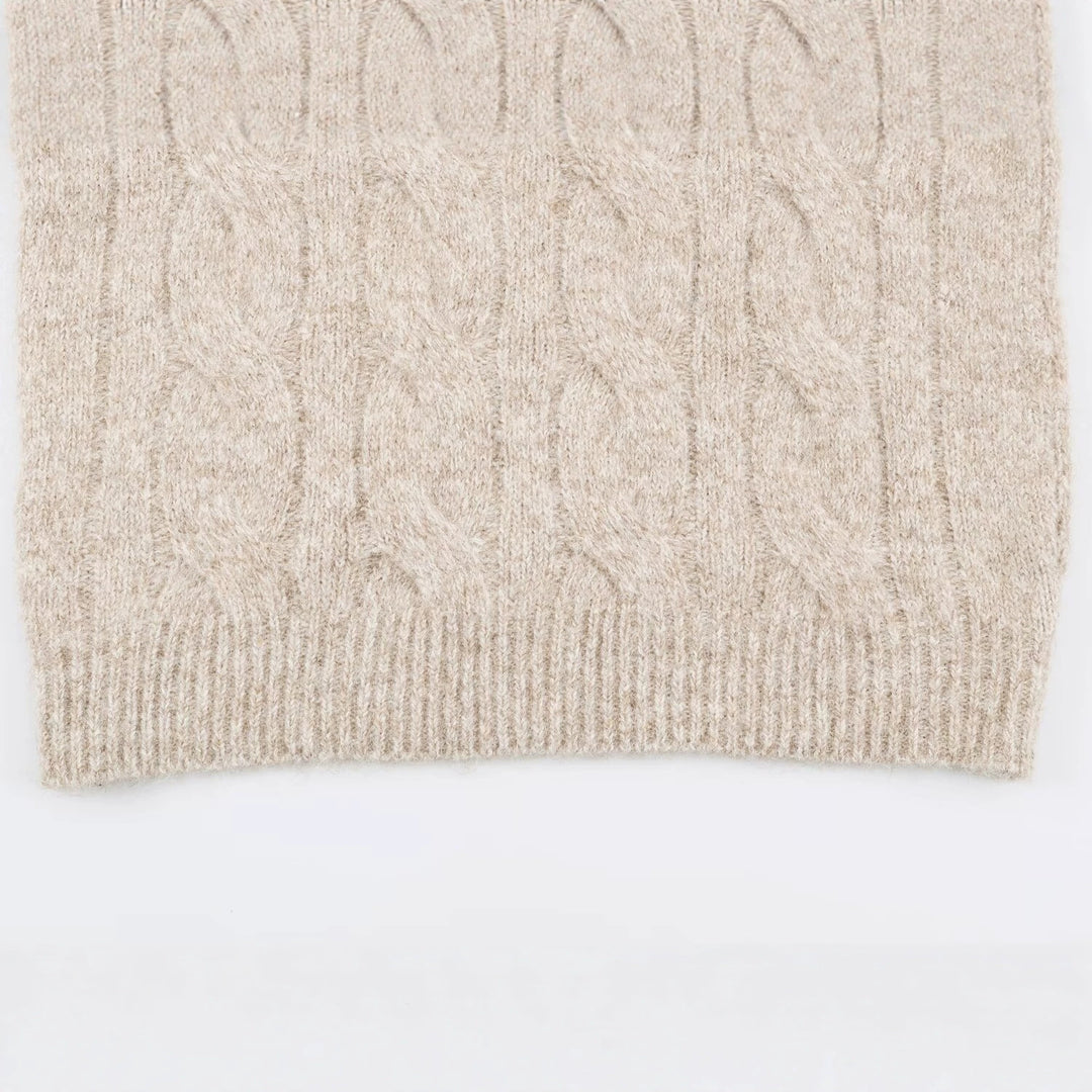 Women's Chunky Knit Long Sweater with Cable Pattern and Half-High Zip Collar Mune Fashion