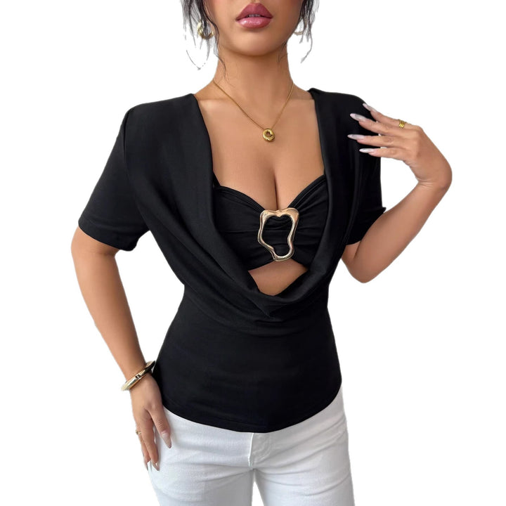 Women nan draped Cropped Top with heart-shaped decorative buckle and Cut-Out Mune Fashion