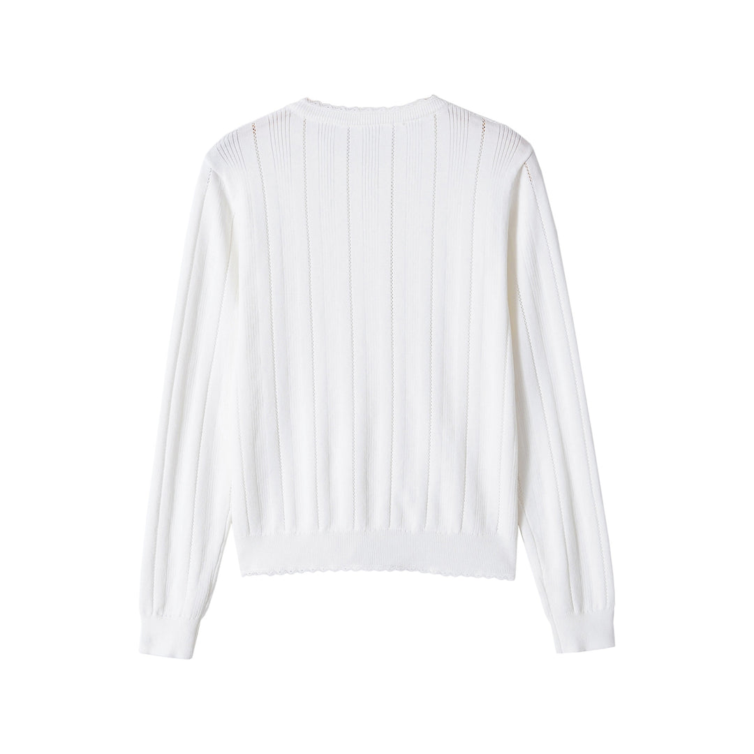 Women Cropped Fine Knit Cardigan with Hole Stripes, Round Neck and Decorative Button Placket Mune Fashion