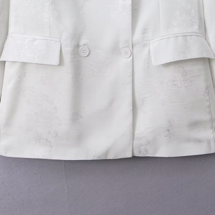 Women's Double-Breasted Satin Blazer with Floral Jacquard Pattern and Patch Pockets Mune Fashion