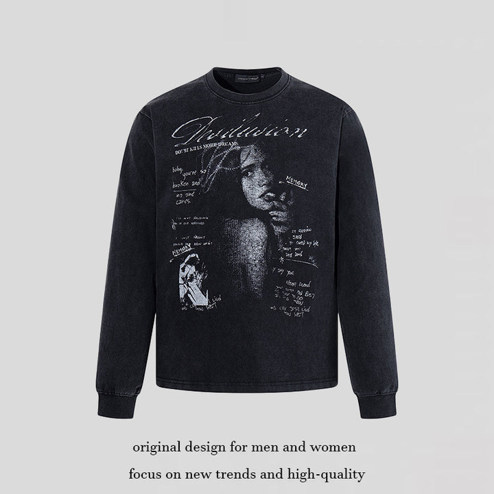 Men's Longsleeve with Vintage Girl Graphic and Used Wash Mune Fashion