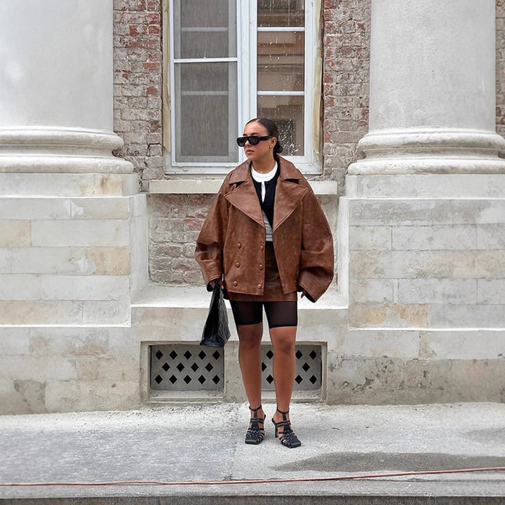 Women's Cropped Boxy Faux Leather Coat with Oversized Lapels and Double-Breasted Button Placket Mune Fashion