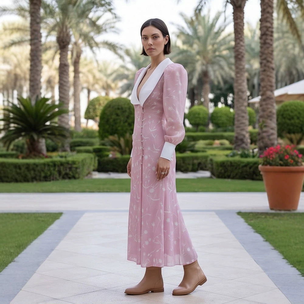 Women's midi dress with deep shawl collar, puff sleeves, and side slit Mune Fashion