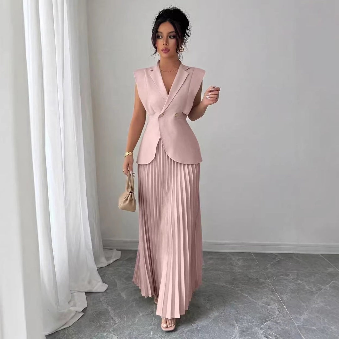 Women’s sleeveless fitted blazer set with pleated maxi skirt Mune Fashion