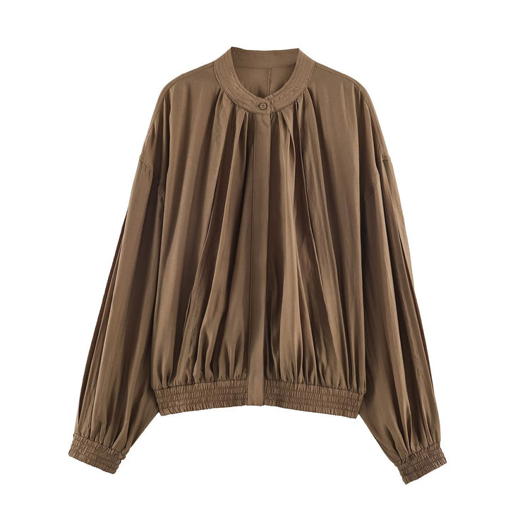 Women's Light Pleated Blouson Jacket with Stand-up Collar and Smocked Waist Mune Fashion