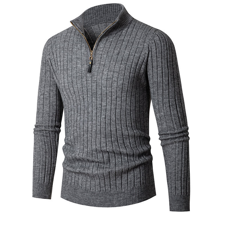 Men's Ribbed Fine Knit Half-Zip Jumper with High Collar and Zipper Mune Fashion