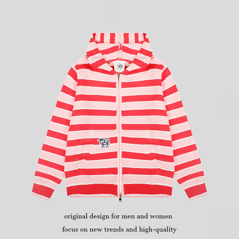 Women's hooded cardigan with full zip, striped texture, and Mune Fashion embroidery detail