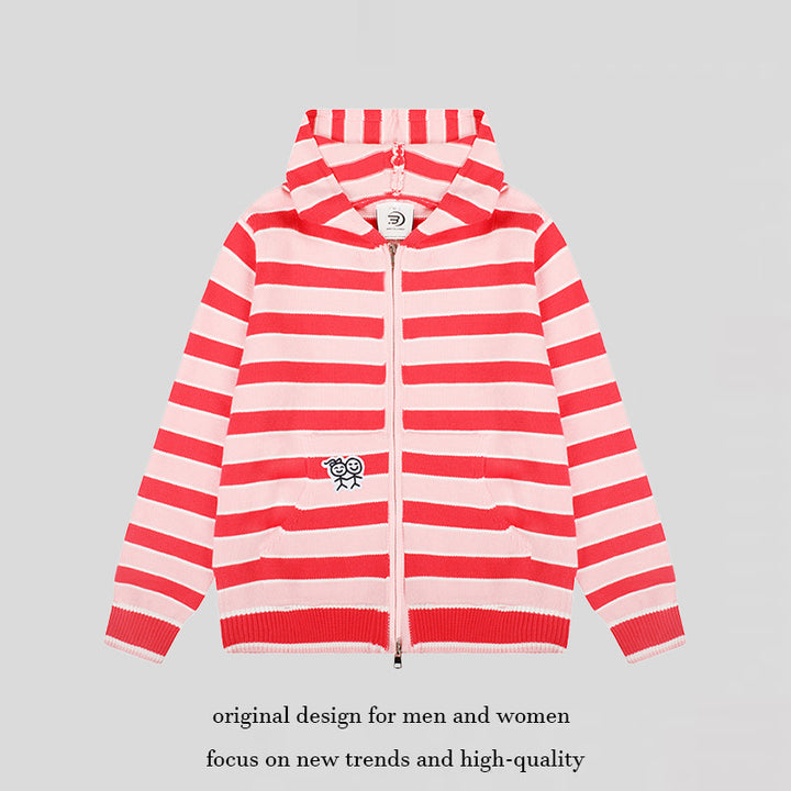 Women's hooded cardigan with full zip, striped texture, and Mune Fashion embroidery detail