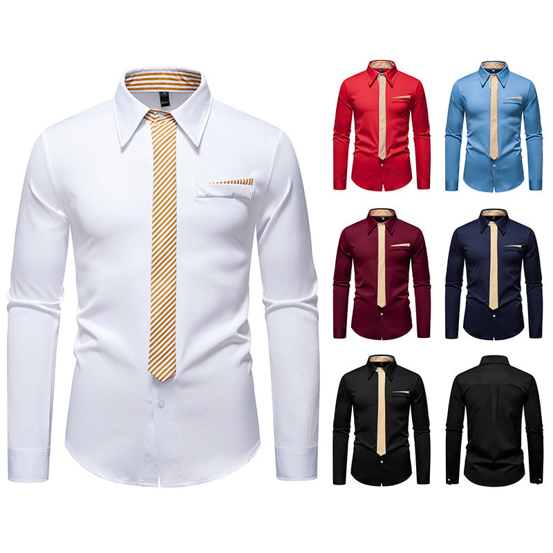 Men's Slim-Fit Business Shirt with Integrated Tie Look and Chest Pocket Mune Fashion