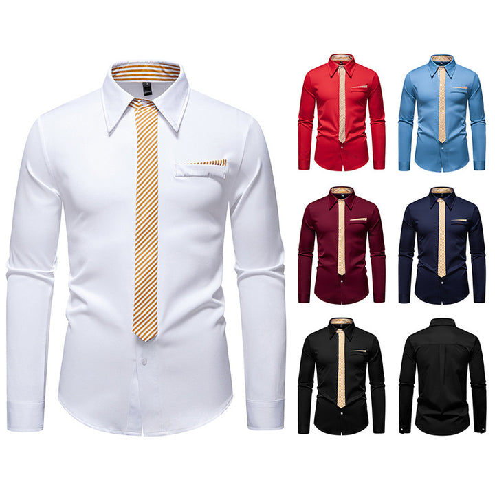 Men's Slim-Fit Business Shirt with Integrated Tie Look and Chest Pocket Mune Fashion
