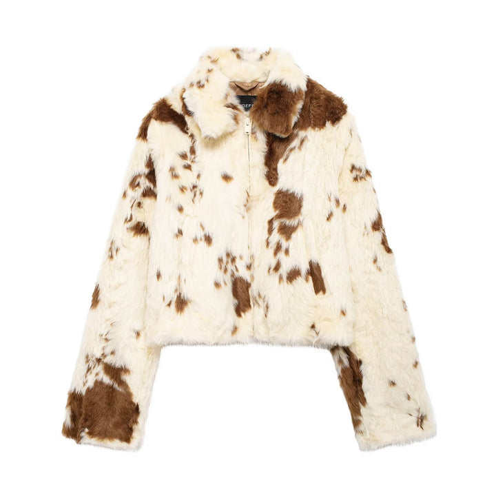 Women's short faux fur jacket in spotted look with lapel collar and full zip Mune Fashion