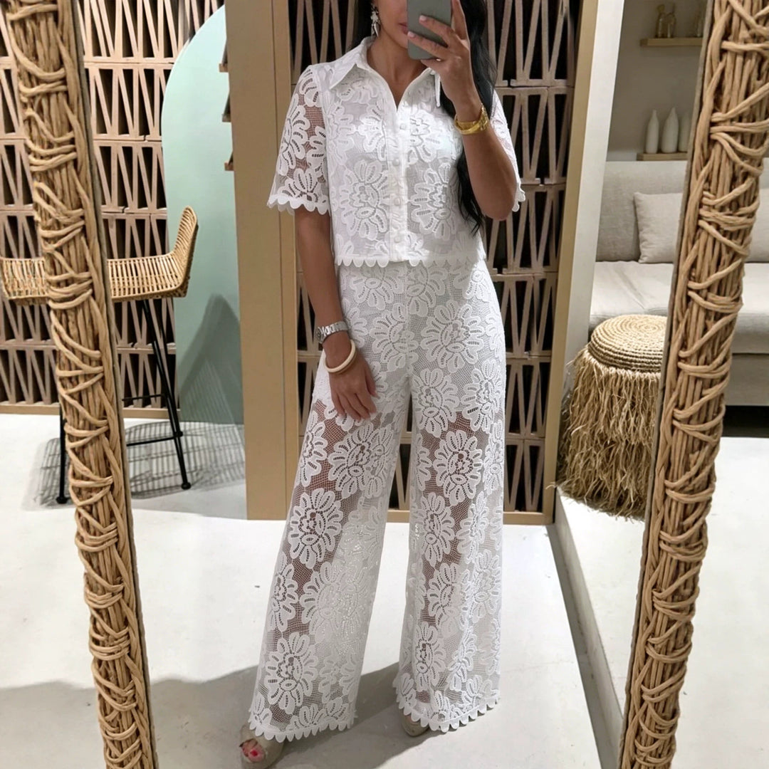 Women's elegant lace combination with short-sleeved blouse, scalloped hem, and tailored palazzo pants with tie belt Mune Fashion