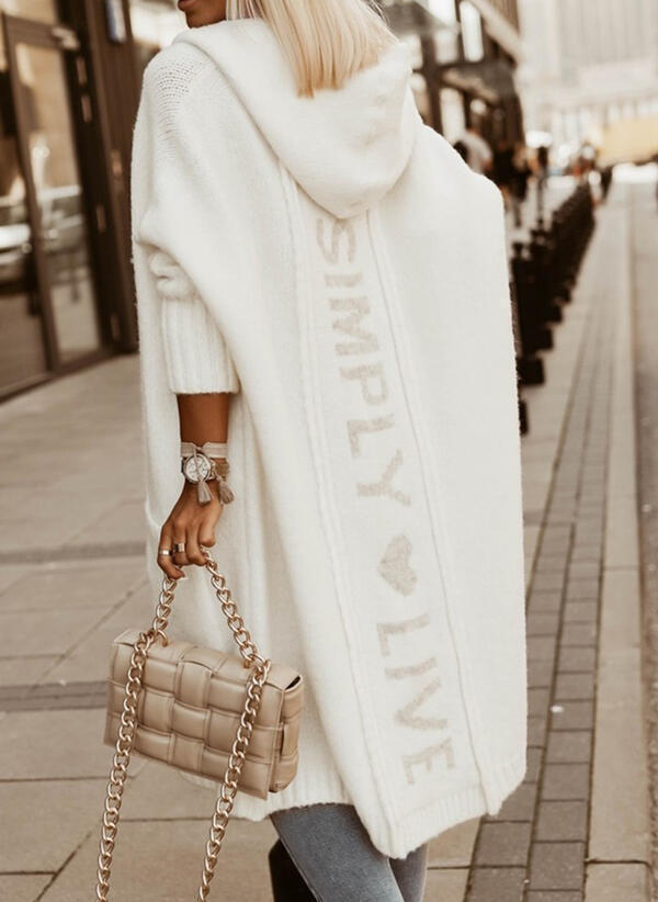 Women's Long Hooded Cardigan in Cape Style with Cable Knit and Back Inscription Mune Fashion