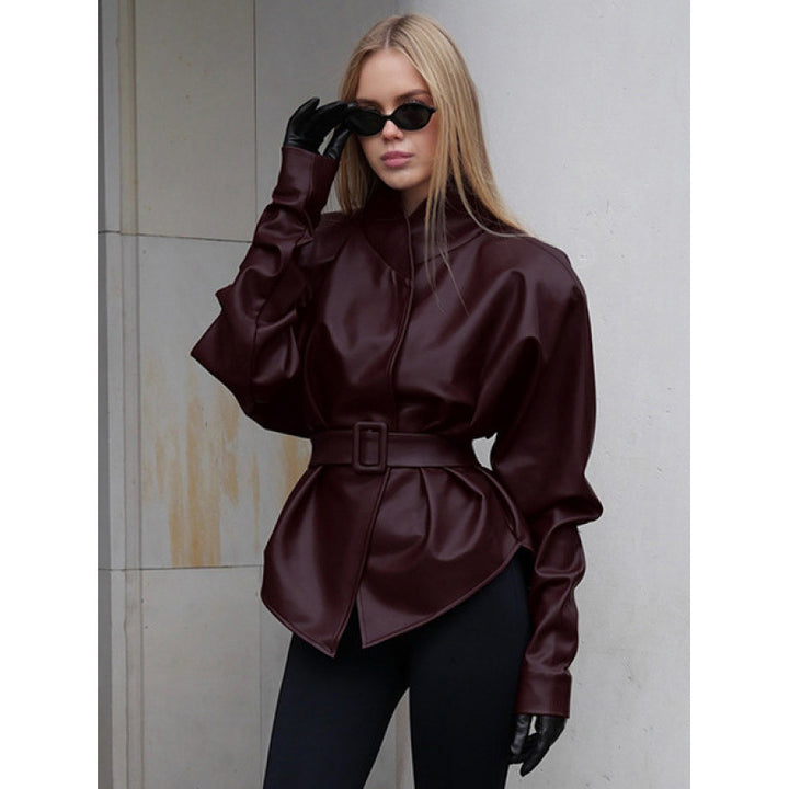 Women's leather look jacket with fitted belt and high stand-up collar Mune Fashion
