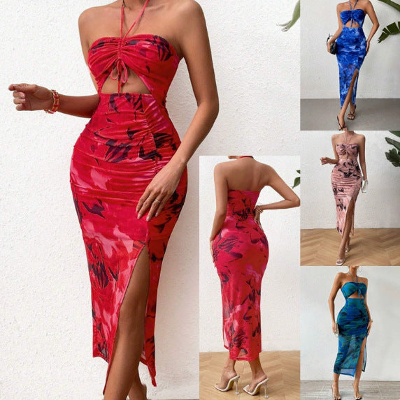 Women's Midi Dress with Cut-Outs, Halter Neck and Side Leg Slit Mune Fashion