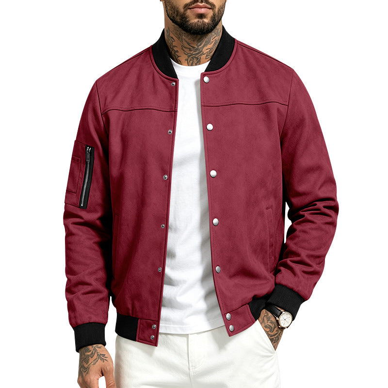 Men's Suede-Look Bomber Jacket with Snap Button Placket, Arm Pocket and Ribbed Cuffs Mune Fashion