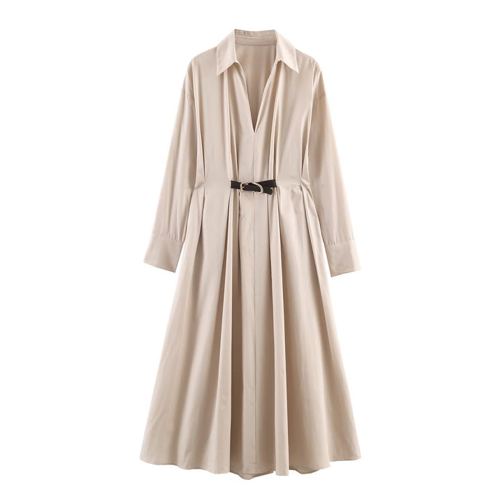 Women Long Sleeve Shirt Dress with Wide Pleated Skirt and Waist Belt Mune Fashion
