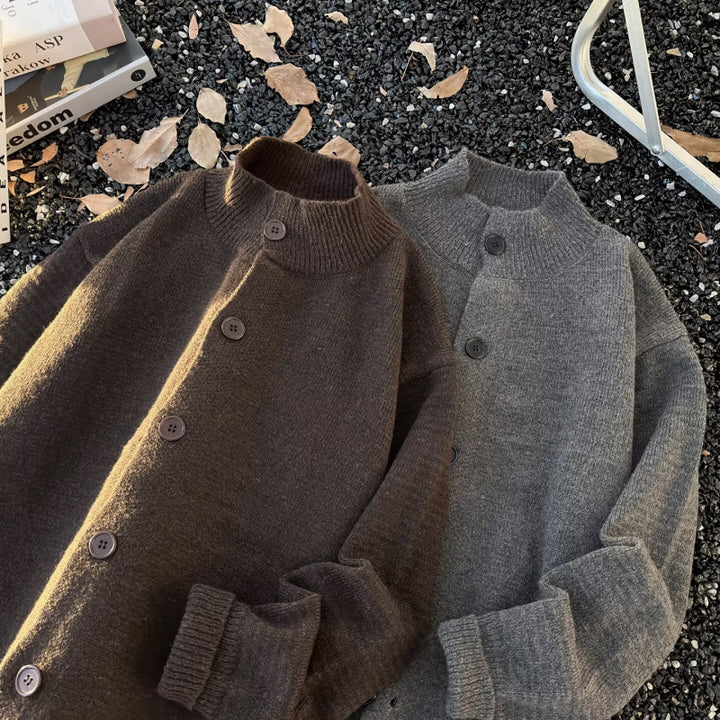 Unisex Oversized Wool Blend Cardigan with Round Neckline, Button Placket and Ribbed Hem Mune Fashion
