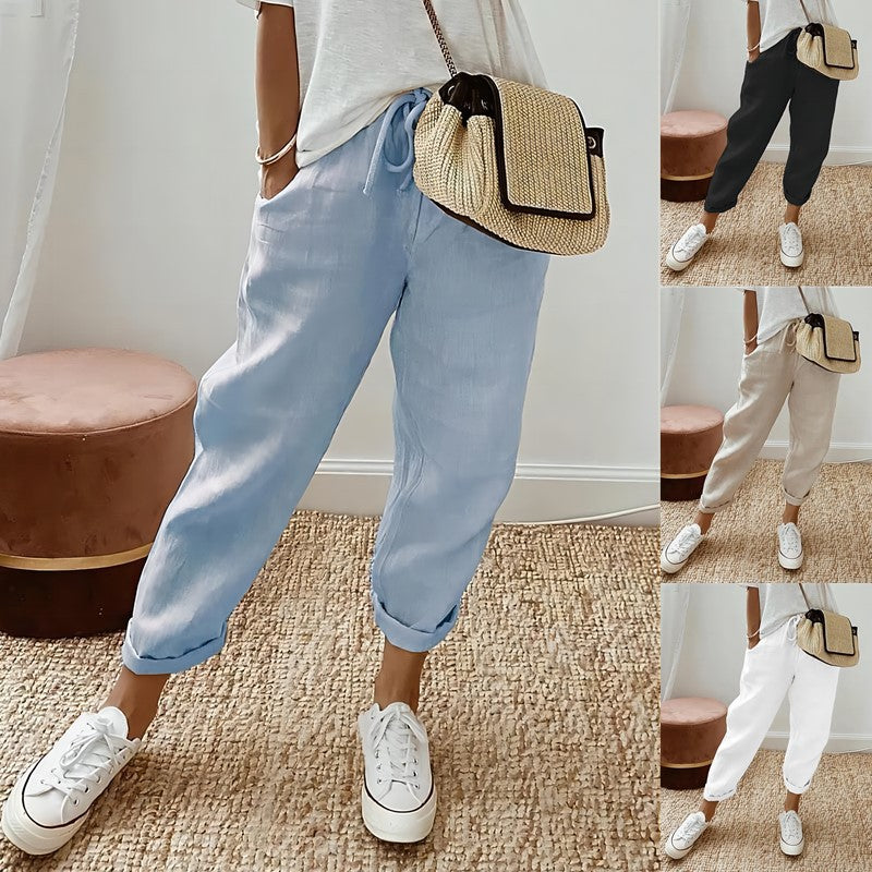 Women's lightweight linen pants with drawstring, loose pleat fit, and rolled ankle hem Mune Fashion