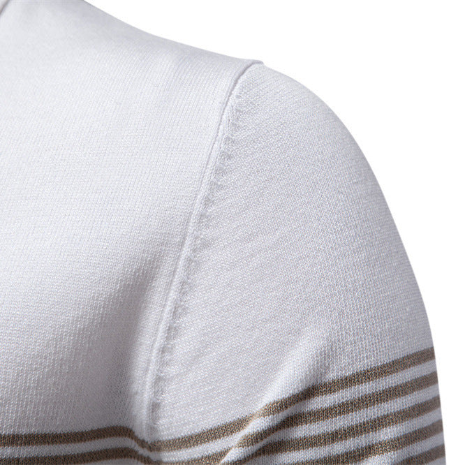 Men's noble fine-knit polo shirt with short metal zipper, cuffed sleeves, and contrasting striped bands Mune Fashion