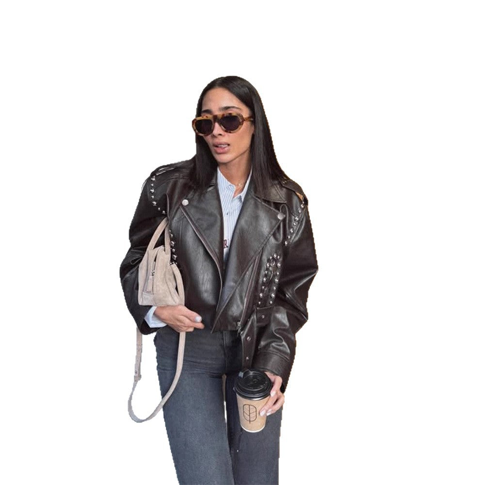 Women's Short Studded Biker Jacket Made of Faux Leather with Waist Belt Mune Fashion