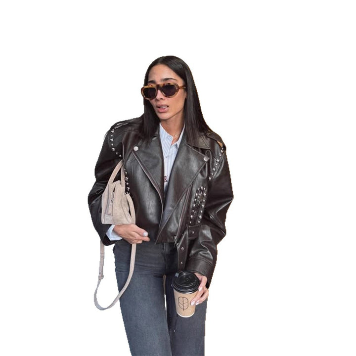 Women's Short Studded Biker Jacket Made of Faux Leather with Waist Belt Mune Fashion