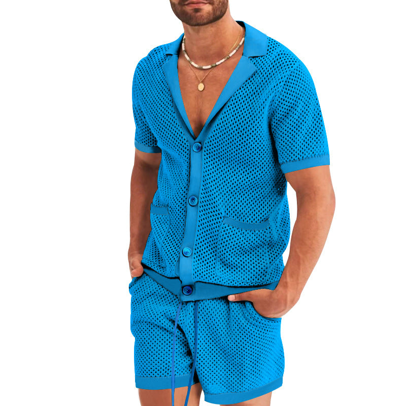 Men's open mesh knit cardigan with matching drawstring shorts Mune Fashion