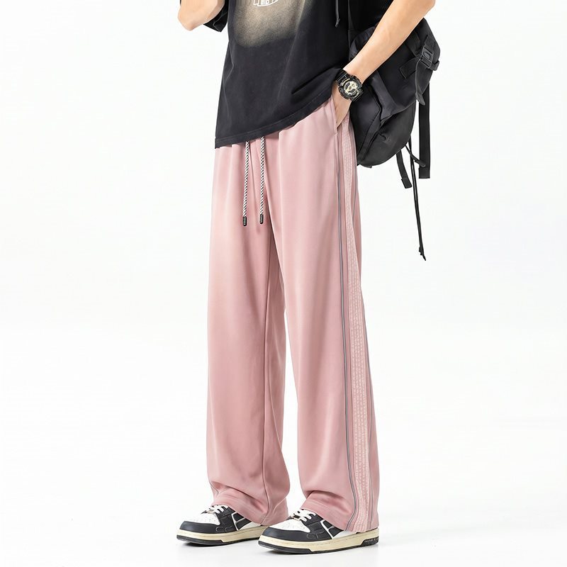 Men's Wide Track Pants in Oversize Cut with Drawstring and Side Plaid Pattern Stripe Mune Fashion