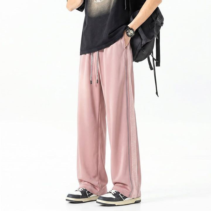 Men's Wide Track Pants in Oversize Cut with Drawstring and Side Plaid Pattern Stripe Mune Fashion
