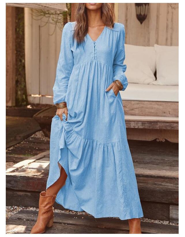 Women's airy maxi dress with V-neck, long sleeves, and inseam pockets Mune Fashion