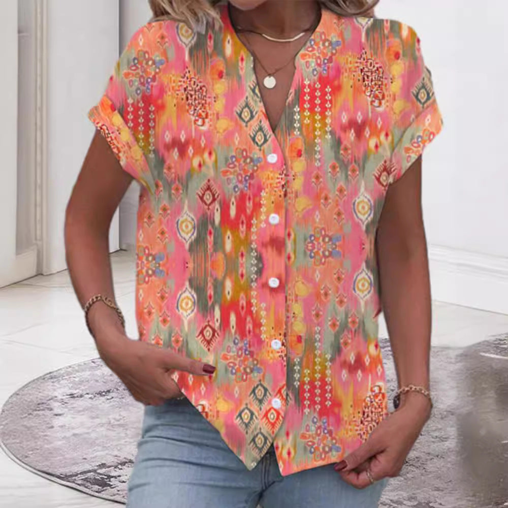 Women's casual short-sleeve blouse with V-neck, button placket and folk all-over print Mune Fashion