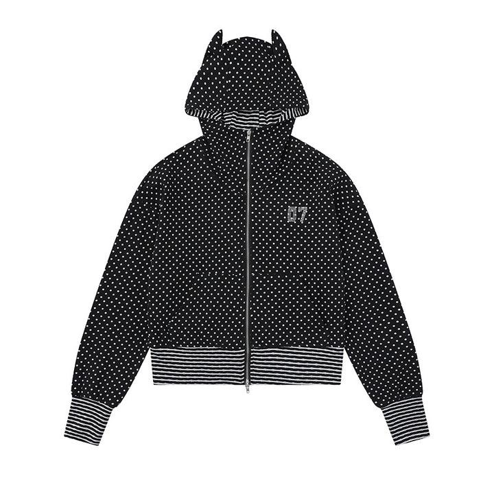 Ladies Hooded Sweat Jacket with Zipper, Ear Application and Allover Dots Mune Fashion