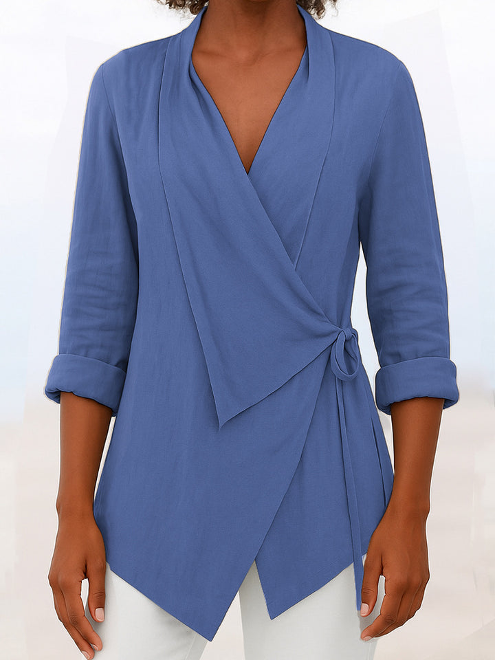 Women's Asymmetrical Wrap Blouse with Shawl Collar and 3/4 Sleeves Mune Fashion