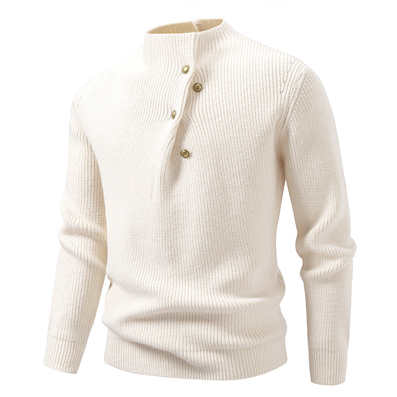 Men's fine knit sweater with asymmetric button placket and stand-up collar Mune Fashion