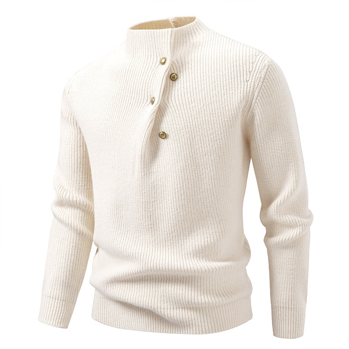 Men's fine knit sweater with asymmetric button placket and stand-up collar Mune Fashion