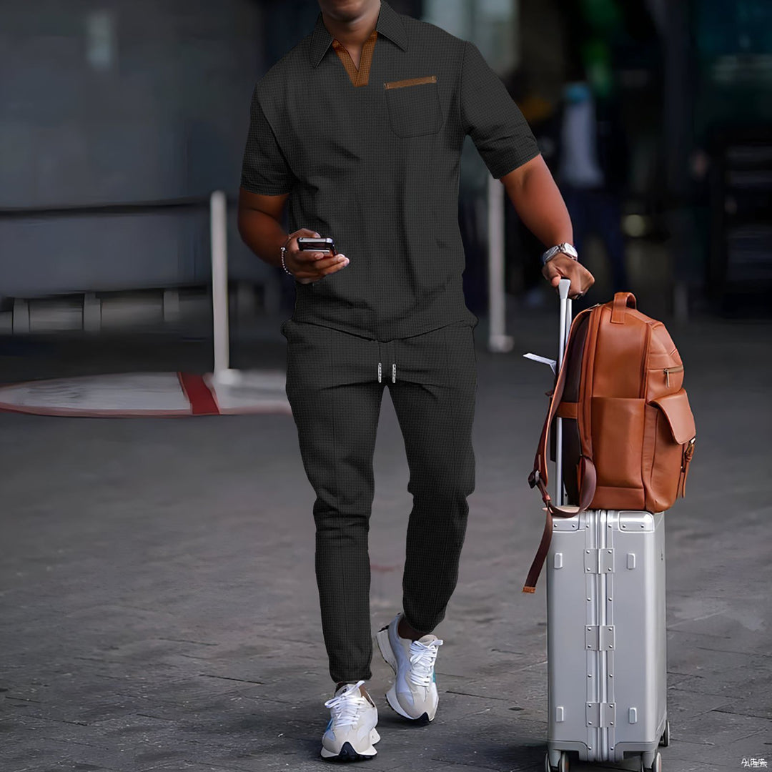 Men's casual leisure set made of elastic jersey with V-neck, chest pocket, and drawstring waistband Mune Fashion