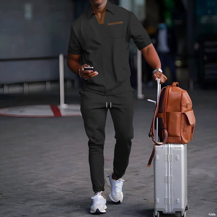 Men's casual leisure set made of elastic jersey with V-neck, chest pocket, and drawstring waistband Mune Fashion