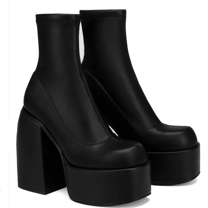 Ladies' platform ankle boots with high block heel, seamless stretch shaft, and durable outsole Mune Fashion