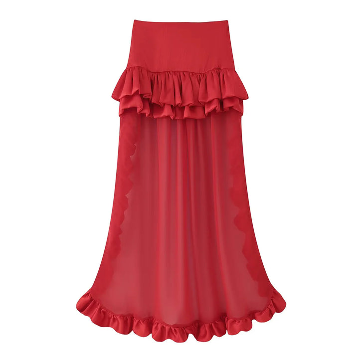 Women's maxi skirt with high waist, multi-layered ruffles and transparent tulle overlay Mune Fashion