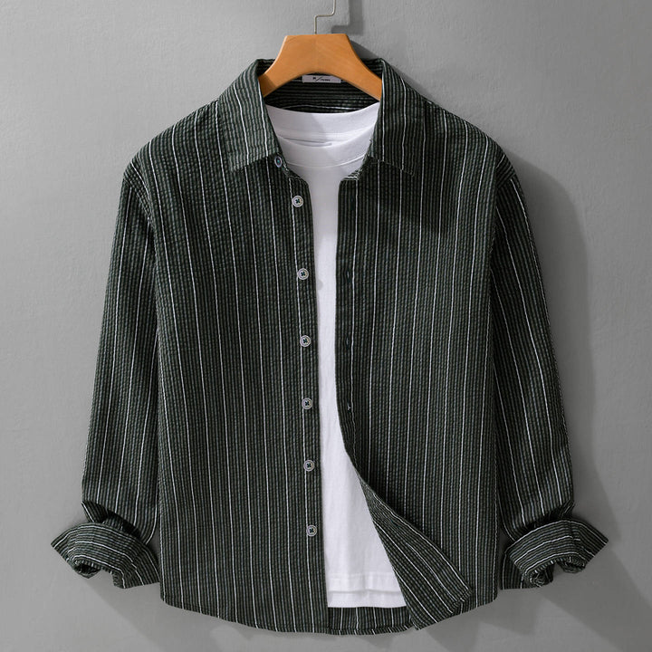 Men's Lightweight Long Sleeve Shirt with Fine Pinstripe Pattern and Relaxed Fit Mune Fashion
