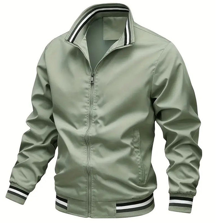Men's lightweight windproof bomber jacket with stand-up collar, elastic cuffs, and full-length zipper.