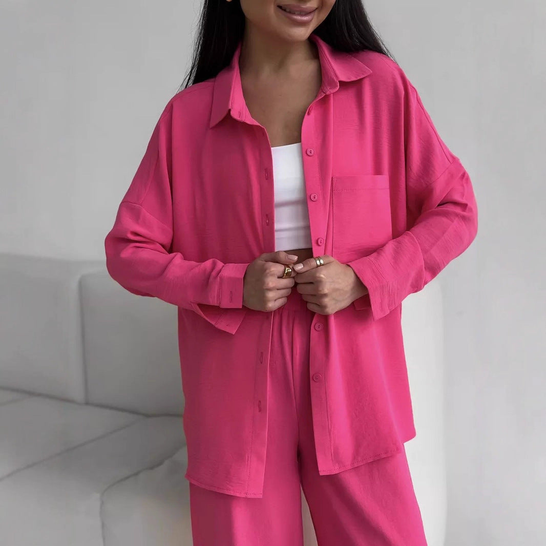 Women Two-Piece Lounge Set Oversize Blouse with Chest Pocket and Wide Palazzo Pants Mune Fashion