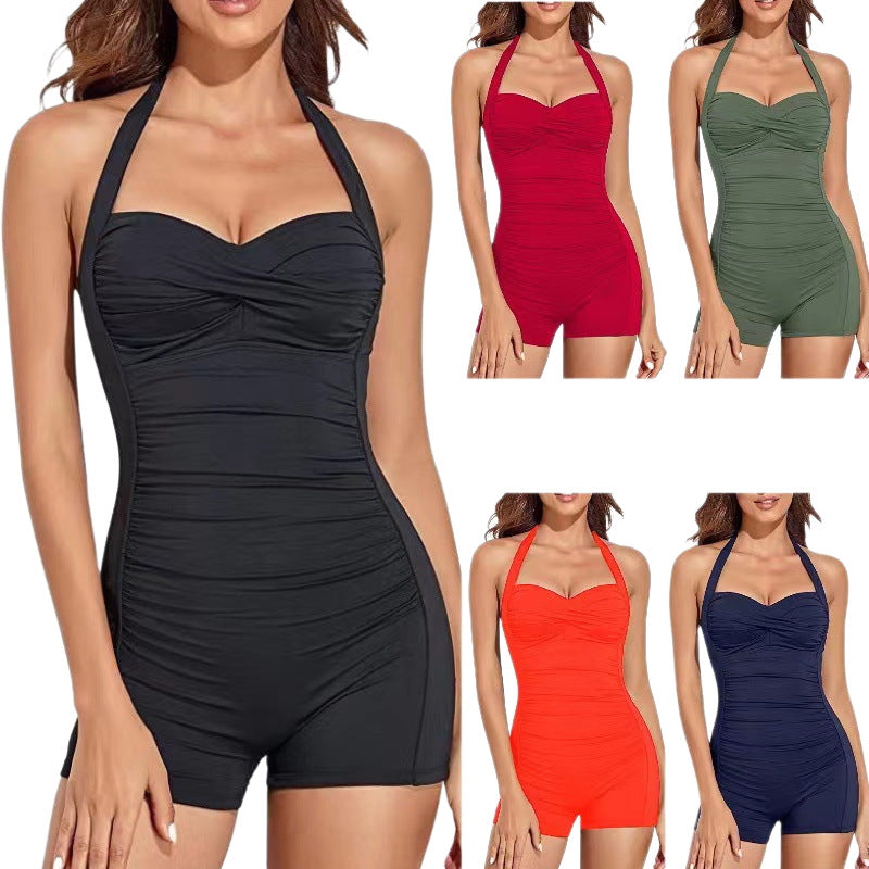 Women's One-Piece Swimsuit with Slim Straps and Fashionable Gather Mune Fashion
