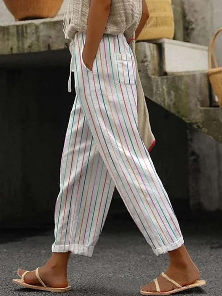 Women's Wide Linen Pants with Striped Pattern Mune Fashion