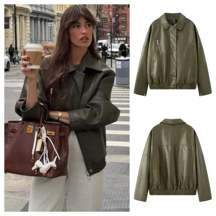 Women's Oversize Faux Leather Blouson with Elastic Hem, Slanted Zipper Chest Pocket and Zipper Sleeves Mune Fashion