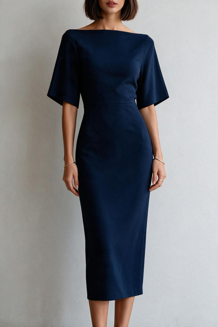 Ladies sheath dress with boat neck and kimono-like 3/4 sleeves Mune Fashion
